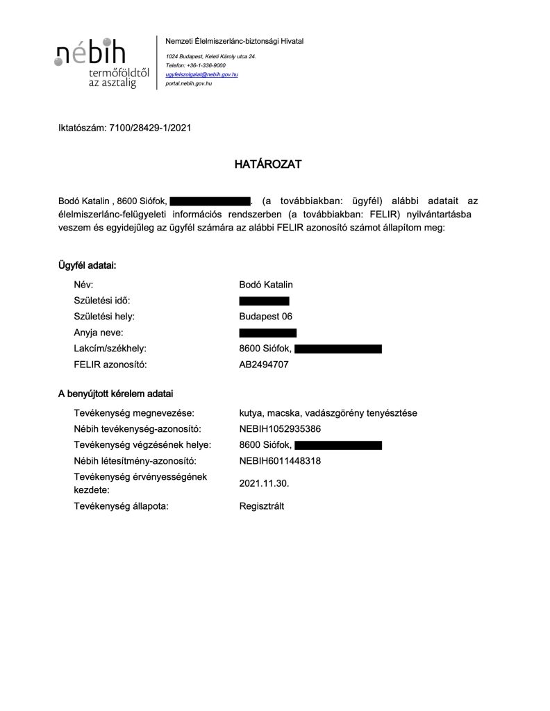 Fiche d'enregistrement d'élevage NÉBIH – document officiel, numéro FELIR
