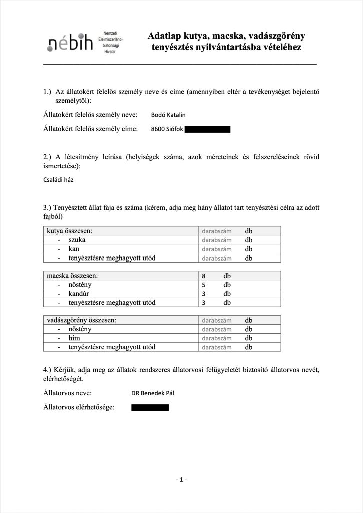 Certificat d'enregistrement d'élevage NÉBIH – document officiel
