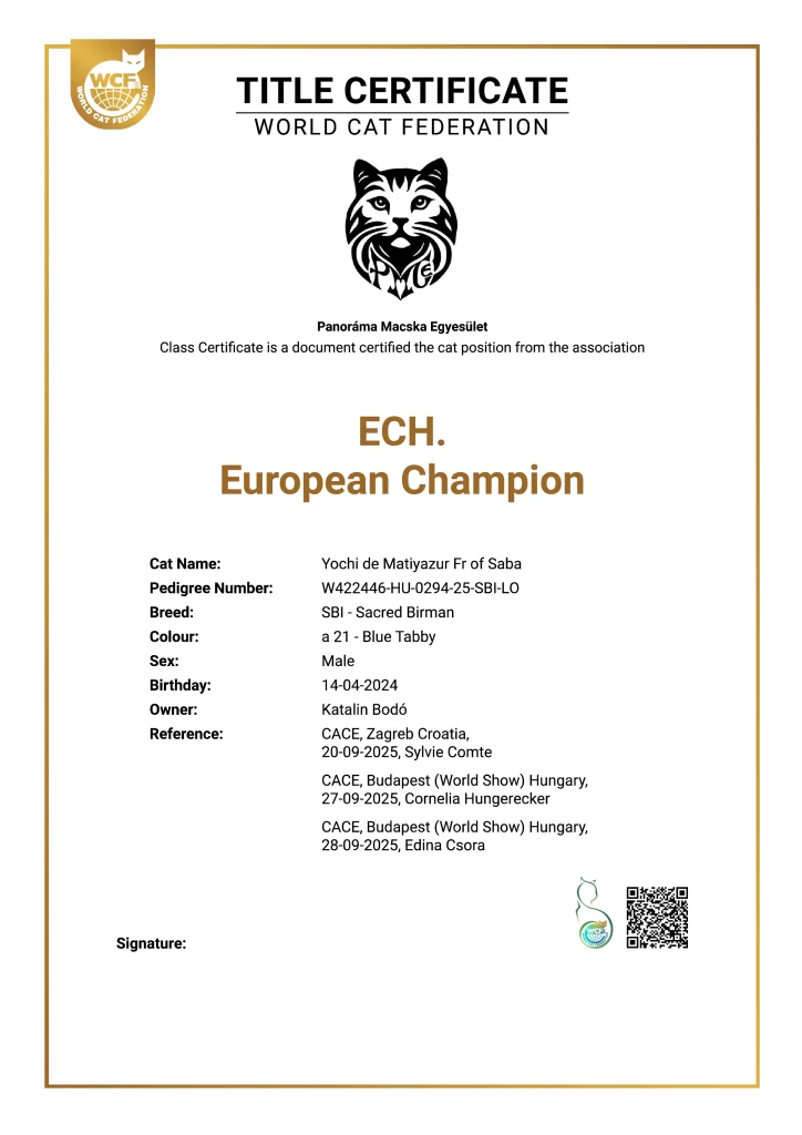 Certificat officiel WCF du titre de Champion d'Europe d'ECH Yochi de Matiyazur Fr of Saba, chat sacré de Birmanie. Le document atteste le titre obtenu sur la base des résultats d'expositions internationales.