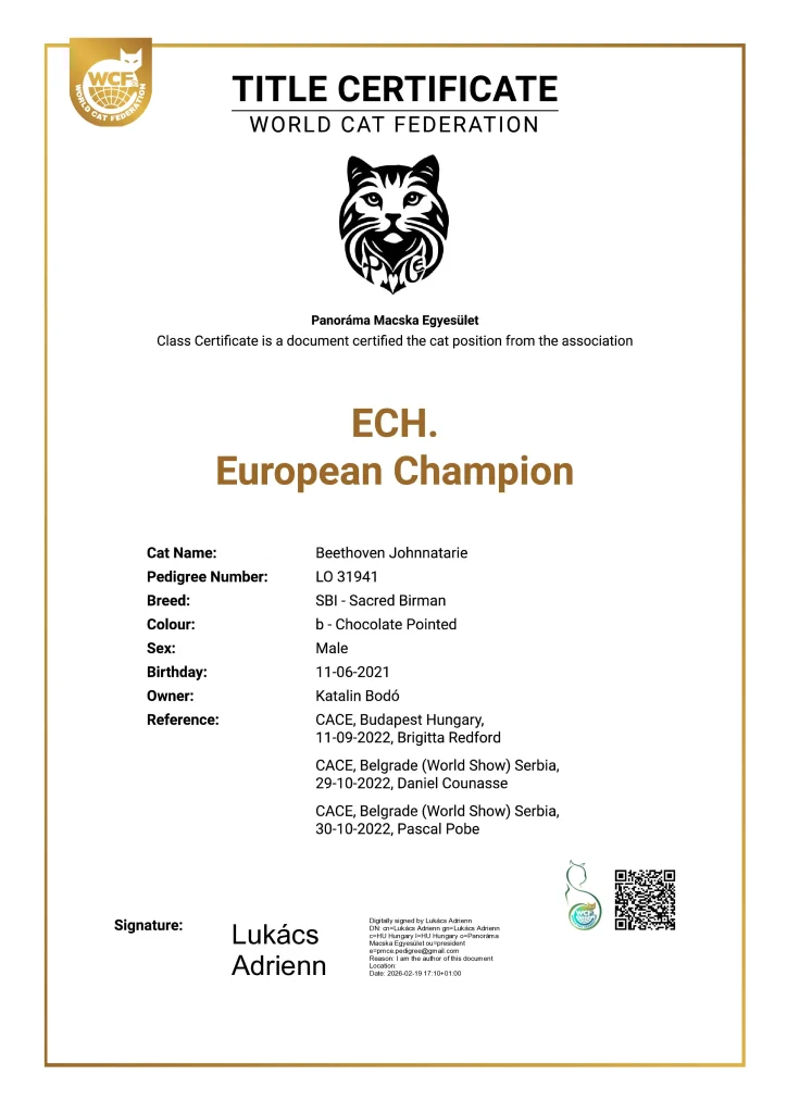 Certificat officiel WCF du titre de Champion d'Europe d'ECH Beethoven Johnnatarie-E of Saba