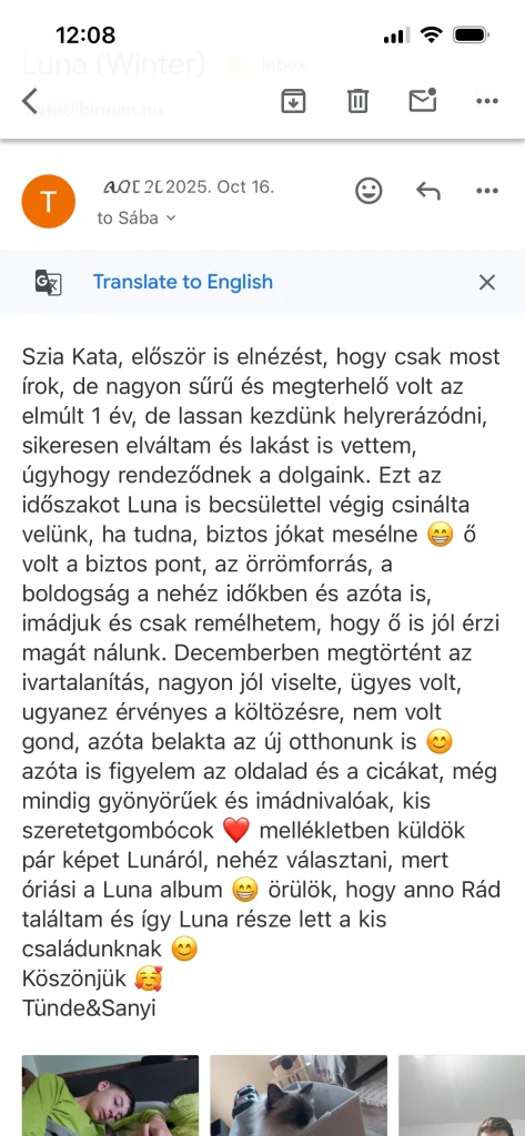 Retour du propriétaire de Saba Winter (Luna) avec images en provenance de Slovaquie – expérience réelle d'un client