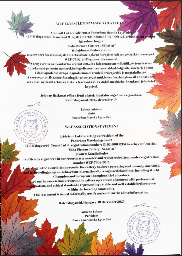 Attestation d'adhésion WCF – Adhésion continue depuis 2015, avec des lignées de champions du monde